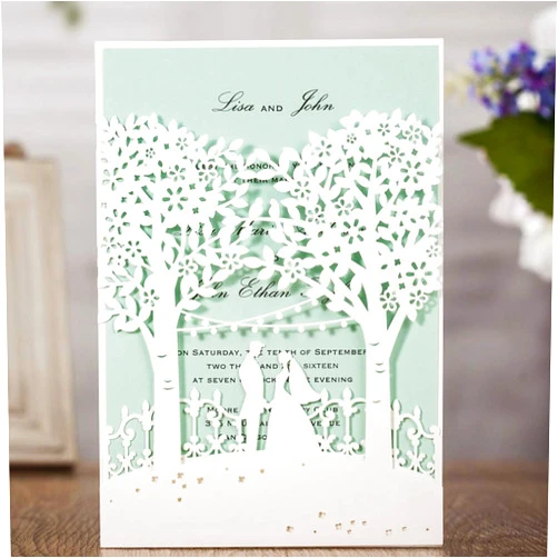 Jofanza 5 x7.2 Inch 50PCS White Bride and Groom Wedding Invitations with Laser Cut Tree Invitation Cards for Marriage Birthday Party Invites