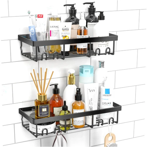Moforoco Shower Caddy Shelf Organizer Rack, Self Adhesive Black Bathroom Shelves Basket, Home Farmhouse Wall Inside Organization and Storage Decor Rv Accessories, First Camper Apartment Essentials