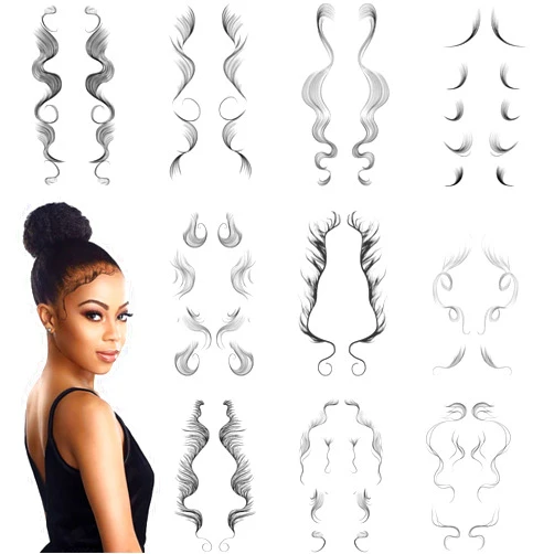 Onpep 10Pcs Baby Hair Tattoo Stickers 10 Styles Temporary Bangs Tattoos Edges DIY Hairstyling Hair Tattooing Template Curly Hair Stickers Waterproof Lasting Makeup Tool for Women