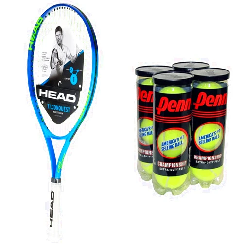 HEAD Ti. Conquest Tennis Racket - Pre-Strung Head Light Balance 27 Inch Racquet - 4 1/4 in Grip & Penn Championship Tennis Balls - Extra Duty Felt Pressurized Tennis Balls - 4 Cans, 12 Balls