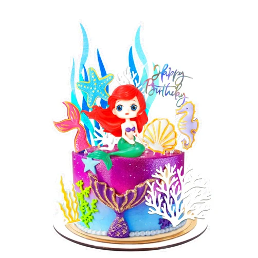 BANBALLON 12 PCS Mermaid Cake Topper, Cute Big Eyes Mermaid Doll Cake Topper, Resin 2D Starfish Seaweed Seahorse Shell Felt Seaweed Acrylic Coral for Birthday Party, Baby Shower, Wedding, Mermaid Cake Supplies