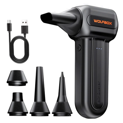 WOLFBOX MF60&MF70 Compressed Air Duster-110000RPM Super Power Electric Air Duster, 3-Speed Adjustable Rechargeable Cordless Air Blower with Fast Charging for PC Keyboard Cleaning, Car, Home (Black)