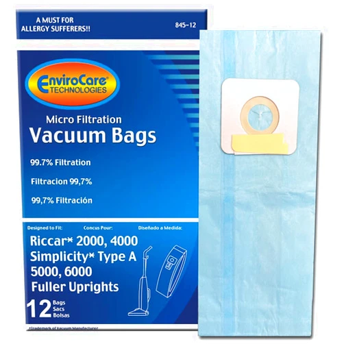 EnviroCare Replacement Micro Filtration Vacuum Cleaner Dust Bags made to fit Riccar 2000, 4000 and Vibrance Series. Simplicity 5000, 6000 and Symmetry Type A 12 pack