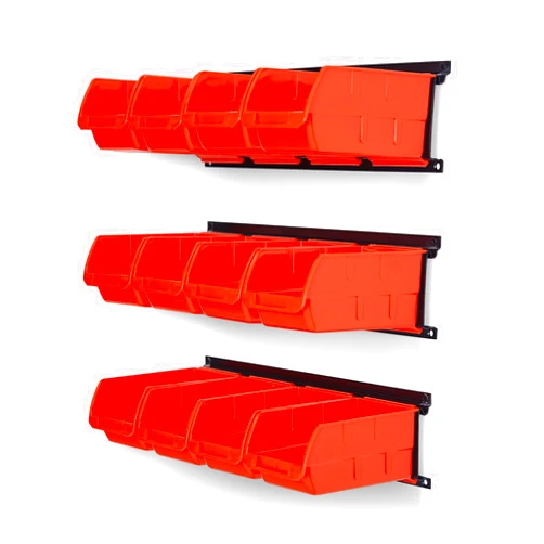Ultrawall Wall Mounted Storage Bins, Plastic Hanging Storage Organizer Bins, Garage Tool Storage System for Screws, Nuts, Bolts, Nails, and Small Hardware Parts, 12x bins & 3 x rails, Orange