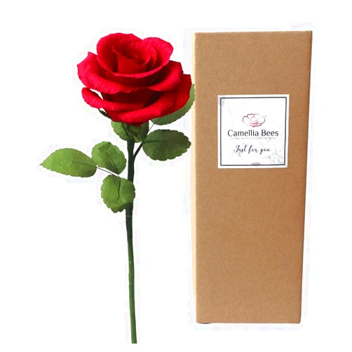 Camellia Bees Valentines Day Gift for her, Paper Rose Gift, Single Long stem Paper Rose, Handmade Crepe Paper Flower for 1 Year Wedding Anniversary, Birthday, Mothers Day(Red)
