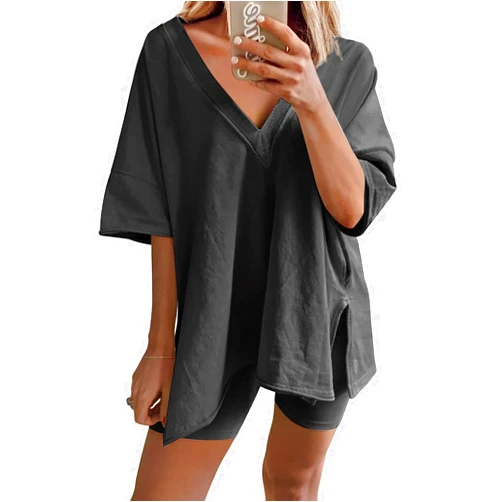 Ailoqing 2 Piece Outfits for Women Summer Oversized V Neck T Shirt Biker Short Sets Hot Shot Reversible Set