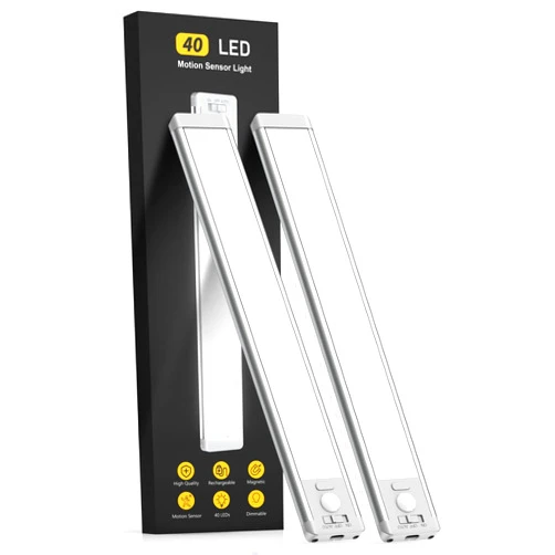 MCGOR Under Cabinet Lights,40 LED Rechargeable Battery Operated Motion Sensor Light Indoor, 2 Pack Magnetic Dimmable Closet Lights, Wireless Under Counter Lights for Kitchen, Stairs