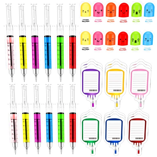Mototo 48 Pieces Fun Nurse Pens Set 12 Pcs Syringe Pens 12 Pcs Pill Pens 24 Pcs Blood Bag Sticky Notes Retractable Novelty Ballpoint Pen Cute Ballpoint Pens for Nurses Student School Supplies Doctor Play