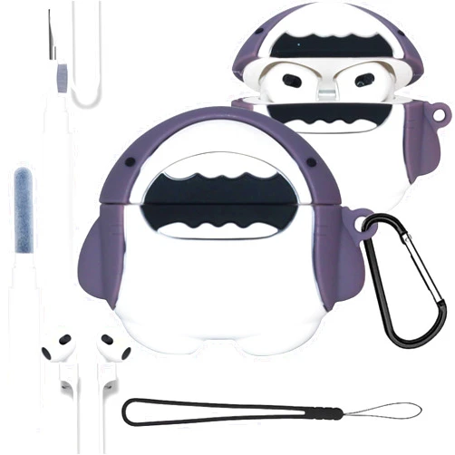 Wedttcessy 5in1 Cartoon Shark Cover for Airpods 3 3st Generation Case - 3D Cute Kawaii Funny Anime Cool Animal Silicone Cover for AirPods 3 Case Skin Accessories Set Cleaning Kit Keychain Boy Girl Teen White