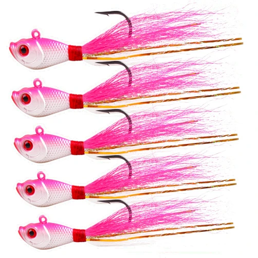 OROOTL Bucktail Jigs Saltwater Hair Jigs, 5pcs Bucktail Fishing Lures Surf Fishing Jigs Bucktail Hair Jigs for Bass Striper Flounder Snook Bluefish Halibut Redfish Fishing 1/4oz-2oz