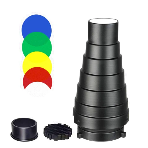 SUPON Aluminium Alloy Conical Studio Snoot Kit with Honeycomb Grid and 5pcs Color Filters for Bowens Mount Strobe Moonlights Flash Speedlight Photography Light