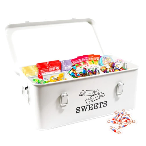 Xbopetda Candy Storage Box, Metal Candy Jar, Snack Box with Safty Lock, 4 Compartments Cookies Storage Box, Food Storage Container for Candies, Sugar Cubes, Chocolate & Snacks-Cream White
