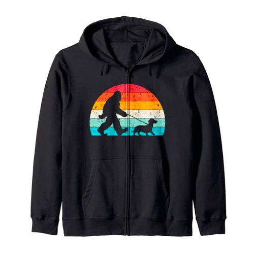 Retro Sasquatch Lover Doxie Wiener Dog Walker Bigfoot Walking a Dog Funny Dachshund Weiner Dog Dad Weenie Zip Hoodie
