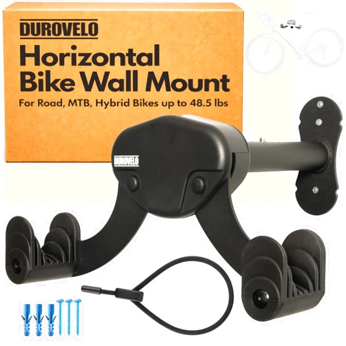 Durovelo Bike Wall Mount - Horizontal Wall Hanger, Adjustable Design for Road, Mountain and Hybrid Bikes up to 48.5 lbs - Space-Saving Bike Rack for Garage or Apartment - Sturdy Indoor Bicycle Storage