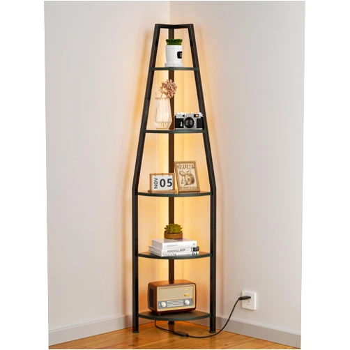 Furnulem 5 Tier Corner Shelf with LED Light, 67.2” Tall Standing Shelf for Wall Corner, Narrow Bookshelf Ladder Shelf for Bedroom, Living Room, Plant, Wood Storage Rack, Metal Frame (Black Oak)