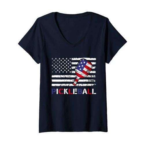 WINHOO Patriotic Pickleball 4Th Of July Womens Us Flag American Patriotic Pickleball 4Th Of July V-Neck T-Shirt