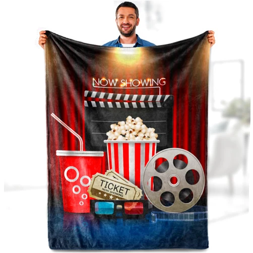 Aimego Movie Night Popcorn Gifts Blanket - Retro Movie Theater Reel Theme Throw for Adults Kids Movie Lover Actor Home Film Cinema Decor Soft Fuzzy Cozy Birthday Christmas Lightweight Blanket 50