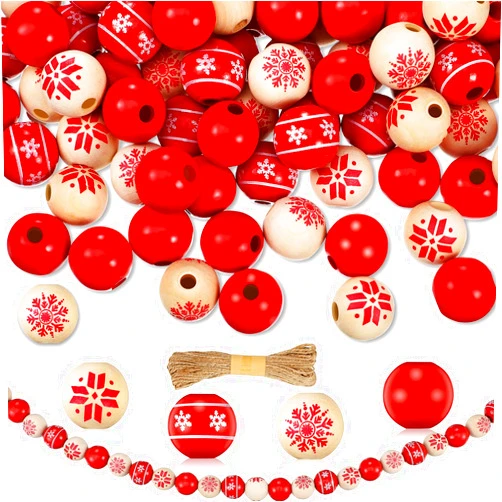 Jetec 120 Pieces 0.6 Inch Wooden Bead Christmas Wood Beads Natural Wood Beads Craft Wood Round Beads with 65.6 Feet Twine for Xmas Valentine's Day Saint Patrick's Day Party Decor (Natural, Red)