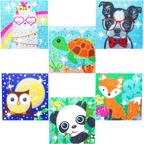 CHWGLFGG 6 Pack 5D Diamond Painting Kits for Kids Beginners, Full Drill Cute Animals Diamond Art Kits, DIY Big Gem Art for Children Ages 6-7-8-9-12, Home Wall Decor 6x6 Inch