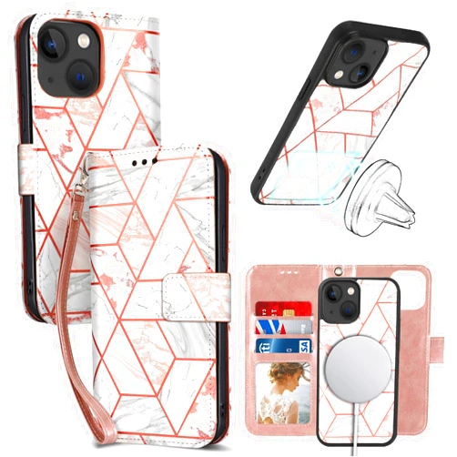 CASEOWL Compatible for iPhone 14 Plus Case Wallet [Support Magsafe Charger] 2 in 1 Magnetic Detachable [RFID Blocking] Flip Leather Wallet Case with Card Holder,Strap for Women, Marble Pink