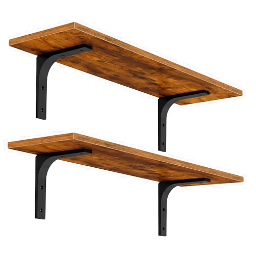 HOOBRO Floating Wall Shelves, 15.4 Inch Floating Shelves Set of 2, Wall Mounted Shelf Storage Shelves with Metal Brackets, for Living Room, Bedroom, Study, Bathroom, Rustic Brown and Black BF42BJP201