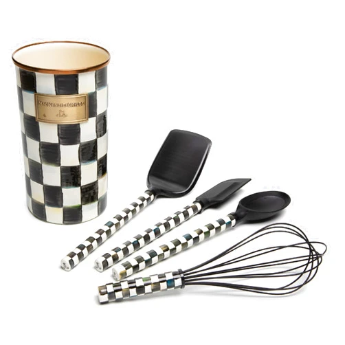 MACKENZIE-CHILDS Enamel Utensil Set, Cute Utensil Holder, Includes Turner, Spoon, Large Whisk, and Spatula, Black-and-White Courtly Check