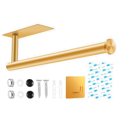Urezorgear 2nd Gen Paper Towel Holder Under Cabinet, [More Sturdy] Self Adhesive or Drilling Paper Towel Holder Wall Mount for Kitchen, RV, [Fit Mega Paper Towel Roll] SUS304 Stainless Steel(Pack of 1, Gold)