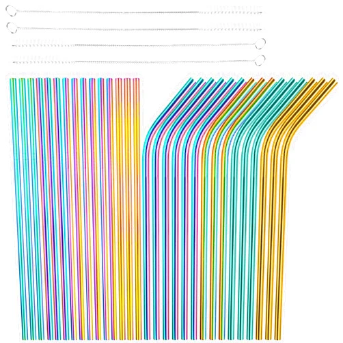 Tomorotec [30 PCS] Value Pack Metallic Reusable Stainless Steel Straws Combinations, Tomorotec Home Metal Straw Sets with Cleaning Brushes, 15 Straight 15 Bent For Tumblers Beverage Drinks Cocktail (Colorful)