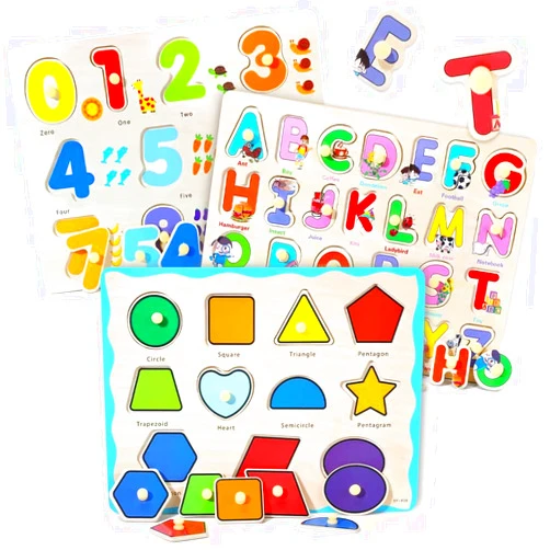 GR GRINNNIE GRINNNIE Wooden Montessori Toddler Puzzles for 1 2 3 4 Years Old, 3 Pcs (Number, Letter, Shape) Kids Preschool Educational Peg Puzzle Set