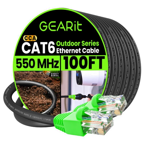 GearIT RJ45 Cat-6 Ethernet Patch Cable, 10Gpbs Transfer Speed, Gold-Plated Connectors, Copper Clad, Outdoor, UV Resistant, Direct Burial, Waterproof, Durable, 100 Foot (30.4 Meters), Black