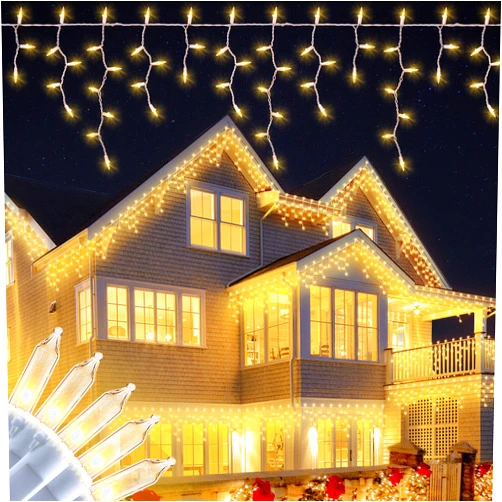 BEEWIN 200 Christmas Icicle Lights, Warm White Clear Bulbs with 23FT Long White Wire, Professional Grade String Lights for Indoor & Outdoor,Xmas,Party, Patio, Courtyard, Window, Fence, Trees Decor