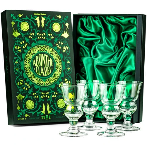 GLASSIQUE CADEAU Vintage Crystal Absinthe, Sambuca, Raki, Pastis, Ouzo Glasses | Set of 4 | Short Stemmed 6.5 oz Goblets with Bubble Reservoir for Drinking Green Fairy | Handblown Small Wine Bistro Glassware