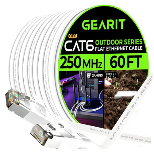 GearIT Cat 6 Outdoor Flat Ethernet Cable (60ft, White) Direct Burial Rated LLDPE Jacket - Indoor Cat6 Shielded FTP 10Gbps High Speed Gaming Computer Network RJ45 Snagless Patch Cord Internet