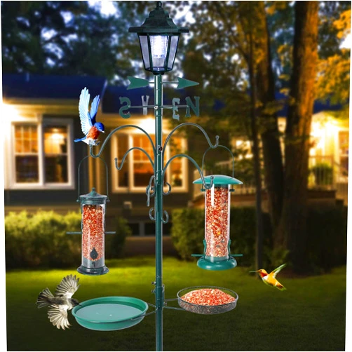 Yinns Multi Bird Feeding Station Bird Feeder Pole Hanging Kit with Solar Lamp Tube Feeder Bird Bath Flower Pot for Attracting Wild Birds Garden Decor, 58 inch