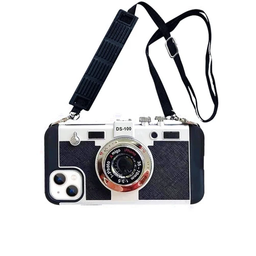 SGVAHY Emily in Paris Phone Case for iPhone 14 Pro Case 3D Vintage Camera Design Soft Silicone iPhone Case with Lanyard Long Removable Shockproof Protective Case Cover for Girls Women, Black&Silver