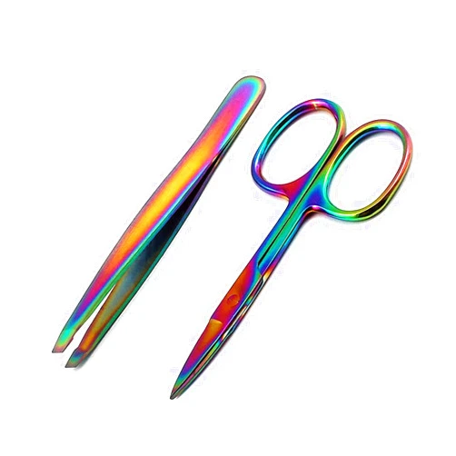 OdontoMed2011® Pack of 2 Pieces Eyebrow Scissor Straight + Slant TIP TWEEZER Facial Hair Remover Multi Color Rainbow Stainless Steel Makeup Tool Set