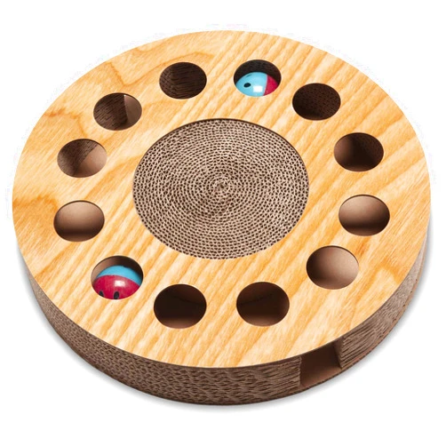 Furhaven Scratching Pad Ball Track Cat Toy w/ Catnip for Indoor Cats - Round Busy Box Scratcher - Tan, One Size