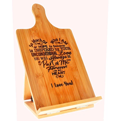 GK Grand Personal-Touch Premium Creations Mothers Gift - Special Love Poem in Heart Design Cookbook Recipe Holder Stand Engraved Foldable Chef Easel Bamboo Cutting Board Kickstand Christmas Birthday Mothers Day Mom (7.25x13.5)