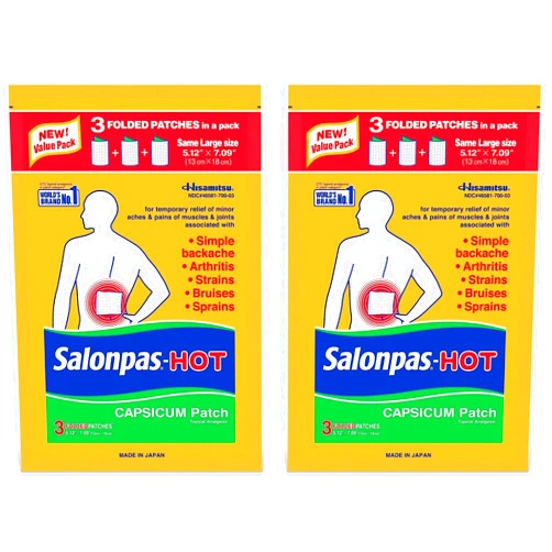 Salonpas Pain Relieving HOT Capsicum Patch, 3 Count per pack Pack, for Back, Neck, Shoulder, Knee Pain and Muscle Soreness, 8 Hour Pain Relief Pack of 2