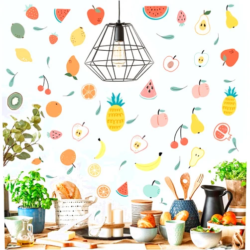 Lamkidle Colorful Fruit Wall Decals Peel and Stick Cartoon Fruit Wall Stickers Cute Small Fruit Leaf Wall Sticker Multicolor Summer Fruits Wall Decals for Nursery Kitchen Kids Room Decor