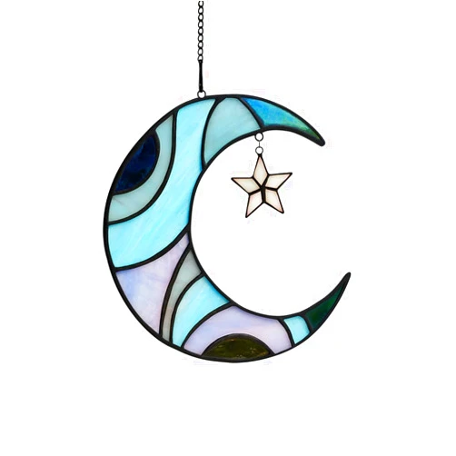 HAOSUM Stars and Moon Decor Gift Window Stained Glass,Stained Glass Suncatcher for Window Crescent Moon Decor,Moon Decorations for Home Indoor Window,Moon and Star Decor Gifts for Women (Moon