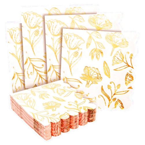 Sparkle and Bash Bridal Shower Napkins - 50-Pack Pink 3-Ply Paper, 5 x 5 In - Scalloped Disposable Cocktail Napkins with Gold Foil & Floral Design
