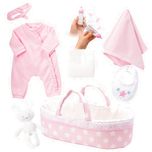 Adora Adoption Babies Essentials, 8-Piece Adoption Baby Doll Accessories and Bunny Toy includes Pink Bassinet, Ruffled Onesie, Headband, Blanket, and Bottle Birthday Gift For Ages 3+ - It's A Girl