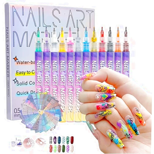 InGALA Nail Art Pens, New 12 Colors Quick-drying Waterproof Nail Art Markers for 3D Nail Art, Fine Tip 0.5mm Nail Polish Pens for DIY Nail Design, Portable Salon Tools for Home Manicure and Kids Gifts