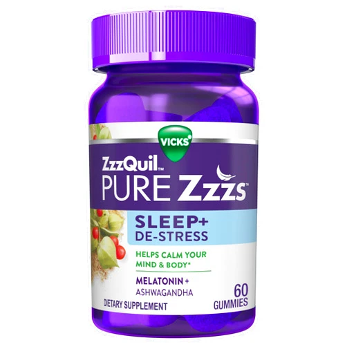 ZzzQuil PURE Zzzs De-Stress Melatonin Sleep Aid Gummies, Helps Calm Your Mind and Body, Ashwagandha for Stress Support, Sleep Aids for Adults, 1 mg per gummy, 60 Count