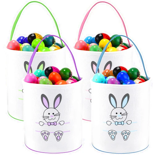 Honeydak 4 Pieces Easter Bunny Basket Egg Bags for Kids Cloth Tote Bags Canvas Cotton Empty Personalized Candy Egg Basket Bunny Print Buckets Carrying Presents and Eggs Hunt Bag Toys Bucket Boys Girls