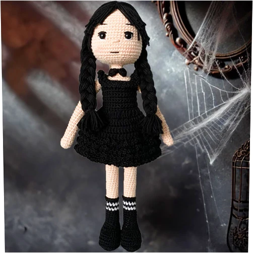 Tiny Things Wednesday Addams Style Handmade Crochet Knitted Doll, Halloween Accessory, Wednesday Addams Toy for Horror Lovers, Horror and Cuteness Together 12.6 inç