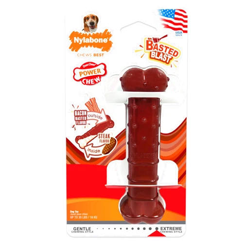 Nylabone Power Chew Classic Bone Chew Toy for Dogs, Durable Dog Toys for Aggressive Chewers, Basted Blast Bacon & Steak Flavor, Medium/Wolf (1 Count)