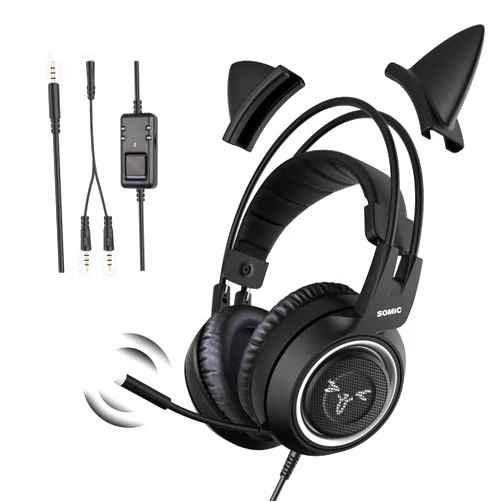 SOMIC Stereo Gaming Headset with Mic for PS4, PS5, Xbox One, PC, Mobile Phone, 3.5MM Sound Detachable Cat Ear Headphones Lightweight Self-Adjusting Over Ear Office Headphones G951S Black