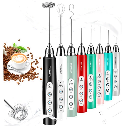 YUSWKO Milk Frother Handheld with 3 Heads, Electric Whisk Drink Foam Mixer with USB Rechargeable 3 Speeds, Mini Frother for Coffee Latte, Cappuccino, Hot Chocolate, Egg